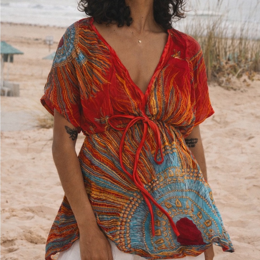 Silk  Red Paisley Women's Blouse or Swim Cover-Up. Size M